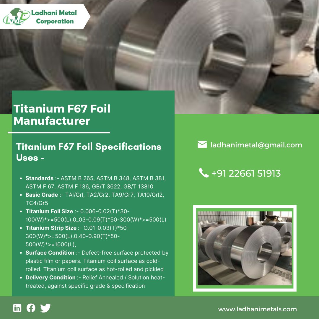 LadhaniMetals's tweet image. Titanium F67 Foil Manufacturer in India

Ladhani Metal Corporation is one of the leading Titanium F67 Foil manufacturers, Suppliers, Stockists &amp;amp; Exporters in India.

Source: ladhanimetals.com/titanium-f67-f…
Mail: ladhanimetal@gmail.com
Contact: +91 22661 51902
#titanium #titaniumfoil #f67