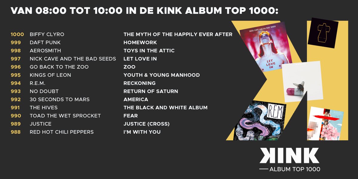 KINKpuntnl's tweet photo. Zojuist trapte @michielveenstra met het album van @BiffyClyro de #KINKAlbumTop1000 af, en hij draait de komende uren ook nog albums van o.a. @GoBackToTheZoo en @TheHives

Tune in via DAB+, de KINK app of op https://t.co/f4sMoxqSuW https://t.co/uyecoaTLRM