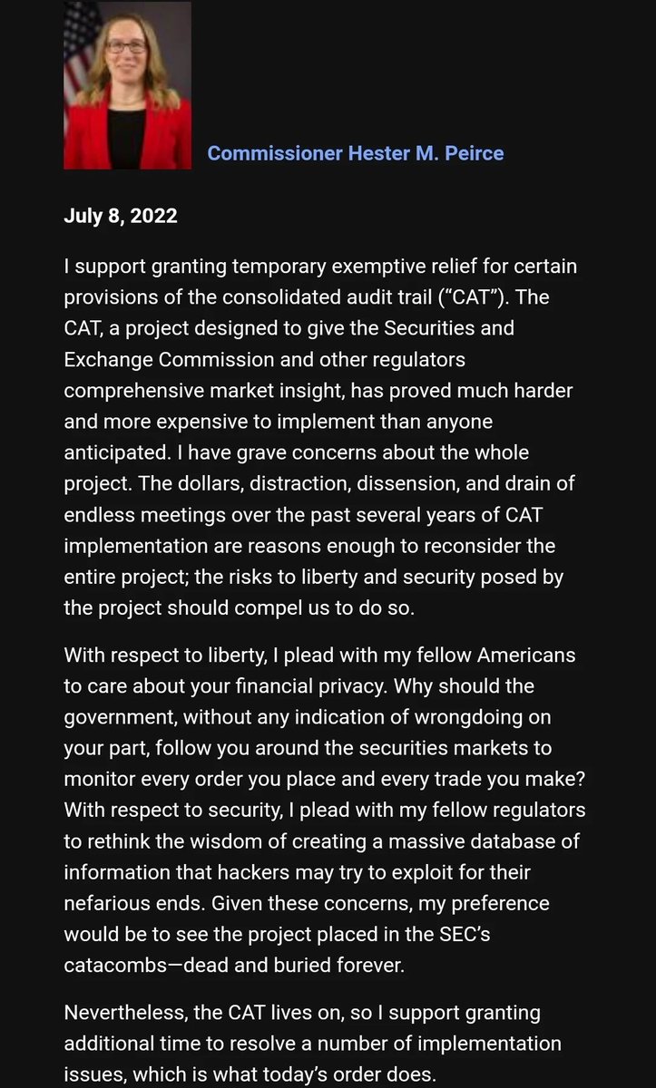 flood_mayhem's tweet photo. @SECGov @GaryGensler @SEC_Enforcement These are seriously troubling words from @HesterPeirce regarding HER OPINION on finance transparency and integrity.
She is not fit to be a commissioner with the SEC if she's calling for more deregulation and should be terminated. #firePierce https://t.co/LMLMc4SHCQ