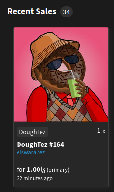 DoughTez #164 collected by <a href="/xevocide/">Xevocide: The Age of Urisha NFT (Tez)</a>, big thank you for always supporting.

So there are 2 DoughTezes left (incl 1 custom ticket).