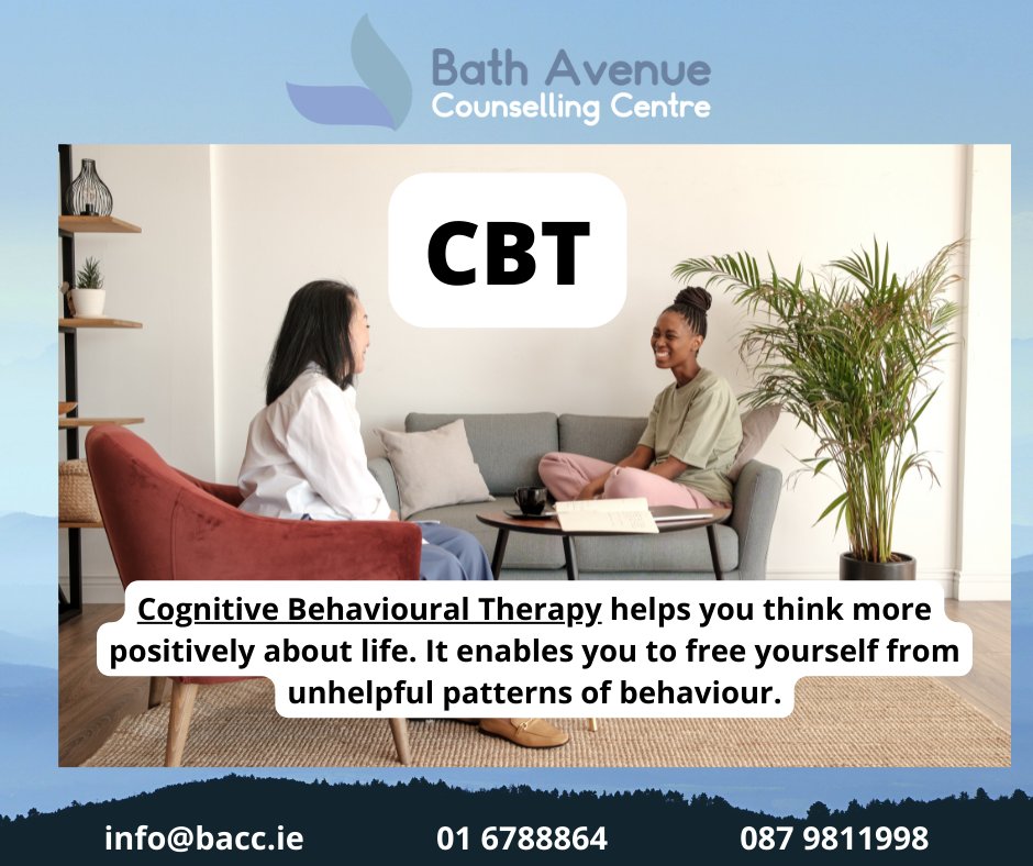 BathCounselling's tweet photo. CBT has become very popular in recent years...allowing many people to alter their thinking and approach to life!

Please don't hesitate to contact us if you feel that you could benefit from CBT at Bath Avenue Counselling Centre.

#CBT #Counselling #Psychotherapy #Dublin #Anxiety https://t.co/Yb2Eb6XKOU
