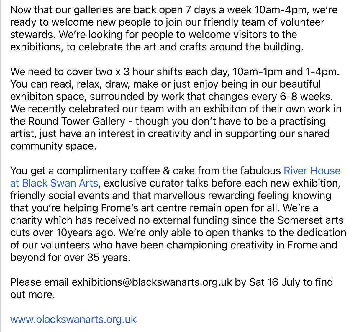 BlackSwanArts's tweet image. We need more #volunteers for fabulous #community arts centre in #Frome #Somerset 

Email exhibitions@blackswanarts.org.uk by Sat 16 July for more info