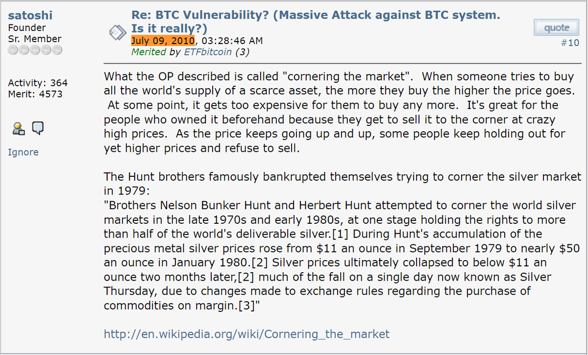 DocumentingBTC's tweet photo. Satoshi Nakamoto explains what would happen when someone tries to buy all the #bitcoin https://t.co/dkKDElNpcg