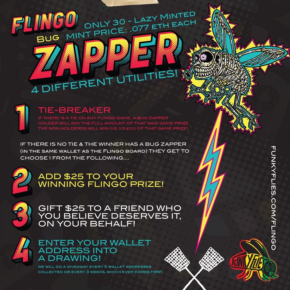 funky_flies's tweet photo. GM and #flingo !!! Only 30 #bugzappers available! Make sure you swat one!!! Everyone have a bug killer day!!! 🔥🤡🪰⚡️⚡️⚡️⚡️⚡️⚡️⚡️⚡️⚡️⚡️#zzz #flys #NFTCommunity game nights!!! Web3 style! https://t.co/xekSvavcXG