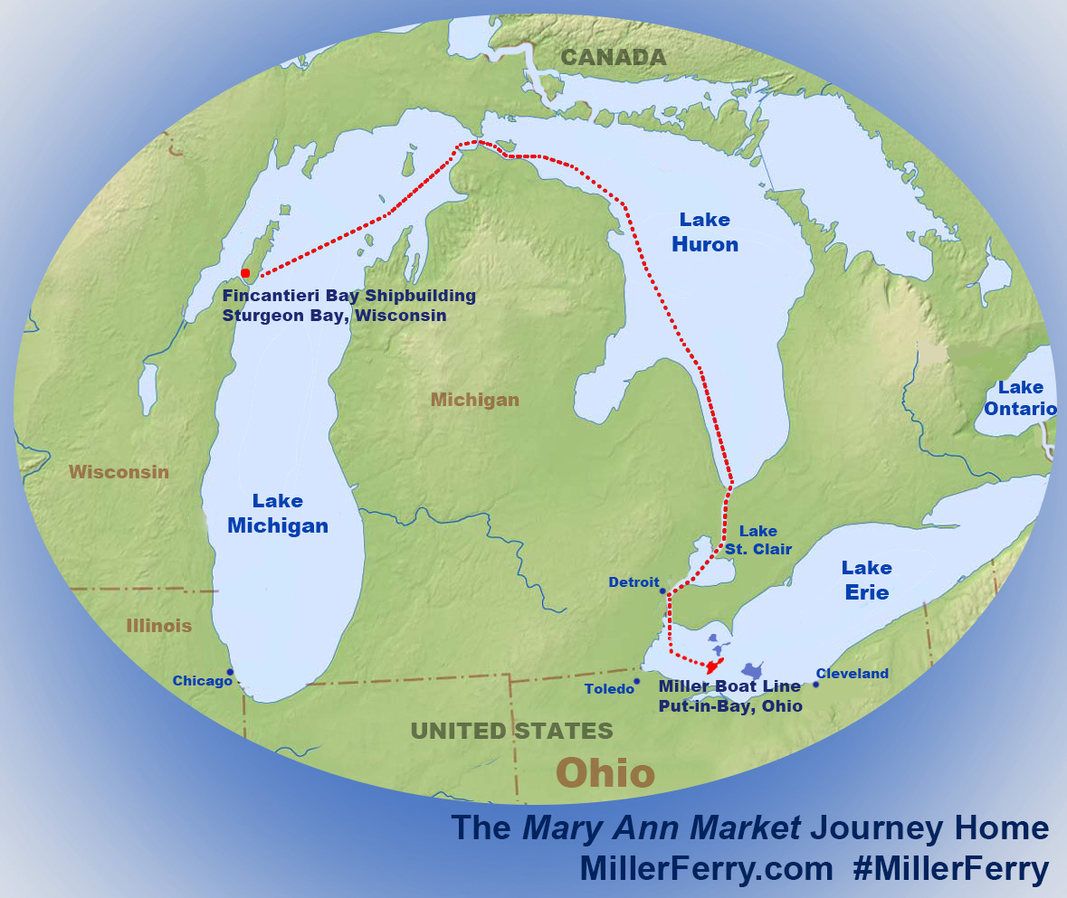 The new Miller Ferry "Mary Ann Market" has begun her journey from Fincantieri Bay Shipbuilding, WI to her island home port Put-in-Bay, OH. Follow her thru Lakes Michigan, Huron &amp; Erie via <a href="/MarineTraffic/">MarineTraffic</a> -> ow.ly/1XBB50JRXQn. Share photos using #millerferry