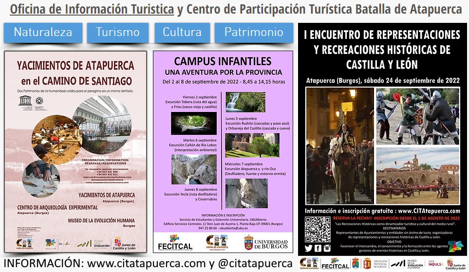 C.I.T. Sierra de Atapuerca - Oficina de Turismo (@citatapuerca) on Twitter photo Desde el <a href="/citatapuerca/">C.I.T. Sierra de Atapuerca</a> ofrecemos una amplia oferta turística, desde el lunes 11 de julio la #Oficina de #Turismo de #Atapuerca reconocida oficialmente por la @CyLesVida, abrirá con sus propios recursos de lunes a viernes de 17,30 a 20,30 h
#ServicioPublico
CITAtapuerca.com Desde el <a href="/citatapuerca/">C.I.T. Sierra de Atapuerca</a> ofrecemos una amplia oferta turística, desde el lunes 11 de julio la #Oficina de #Turismo de #Atapuerca reconocida oficialmente por la @CyLesVida, abrirá con sus propios recursos de lunes a viernes de 17,30 a 20,30 h
#ServicioPublico
CITAtapuerca.com