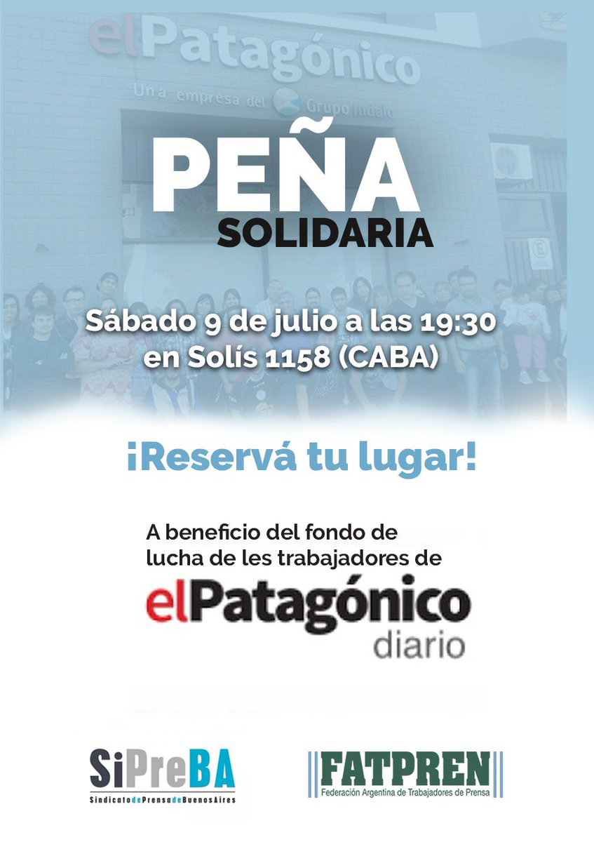 Hoy peña en <a href="/sipreba/">SiPreBA - Sindicato de Prensa de Buenos Aires</a> en el #9deJulio #DiaDeLaIndependencia en solidaridad con les trabajadores de <a href="/elpatagonico/">El Patagónico</a> de Comdoro Rivadavia, Chubut. 

Seguimos construyendo la organización de trabajadores de prensa de todo el país desde <a href="/PrensaFATPREN/">FATPREN</a> 

¡Les esperamos!