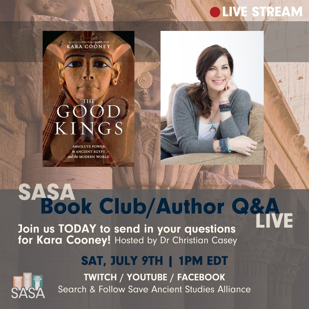 AncientSave's tweet photo. 📚 Join us TODAY at 1pm EDT for our next Book Club livestream with Kara Cooney and Dr Christian Casey! 

➡️ Follow this link to RSVP: https://t.co/3XjqrRrDPK

#SaveAncientStudies #AuthorQ&amp;A #KaraCooney #TheGoodKings #AncientHistory #NonFiction #OnlineBookClub #AncientEgypt https://t.co/r8rCOPCbiq