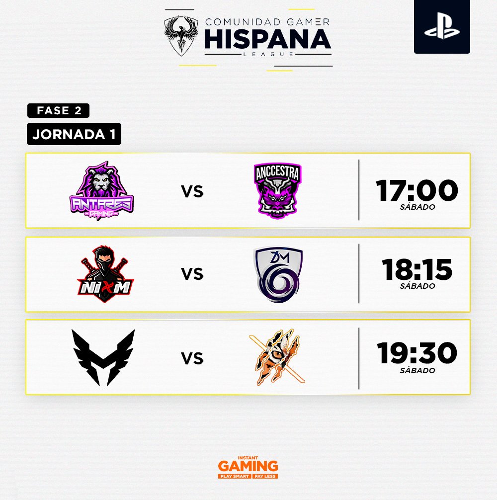 🏆 | JORNADA 1

¡Hoy comienza la 1° jornada de la fase 2!🤩

<a href="/ANTARES_EU/">ANTARES 🎮🏆</a> 🆚 <a href="/AnccestraEsport/">✨ANCCESTRA✨</a>
<a href="/NiomEC_/">NIØM 🥷</a> 🆚 <a href="/NewDarkMatter/">New Dark Matter</a>
<a href="/MelillaTitans/">Melilla Titans</a> 🆚 <a href="/XGamingReturns/">X Gaming</a>

¡Nos vemos esta tarde en el primer partido!🫡

#CGHLeaguePS 🎮