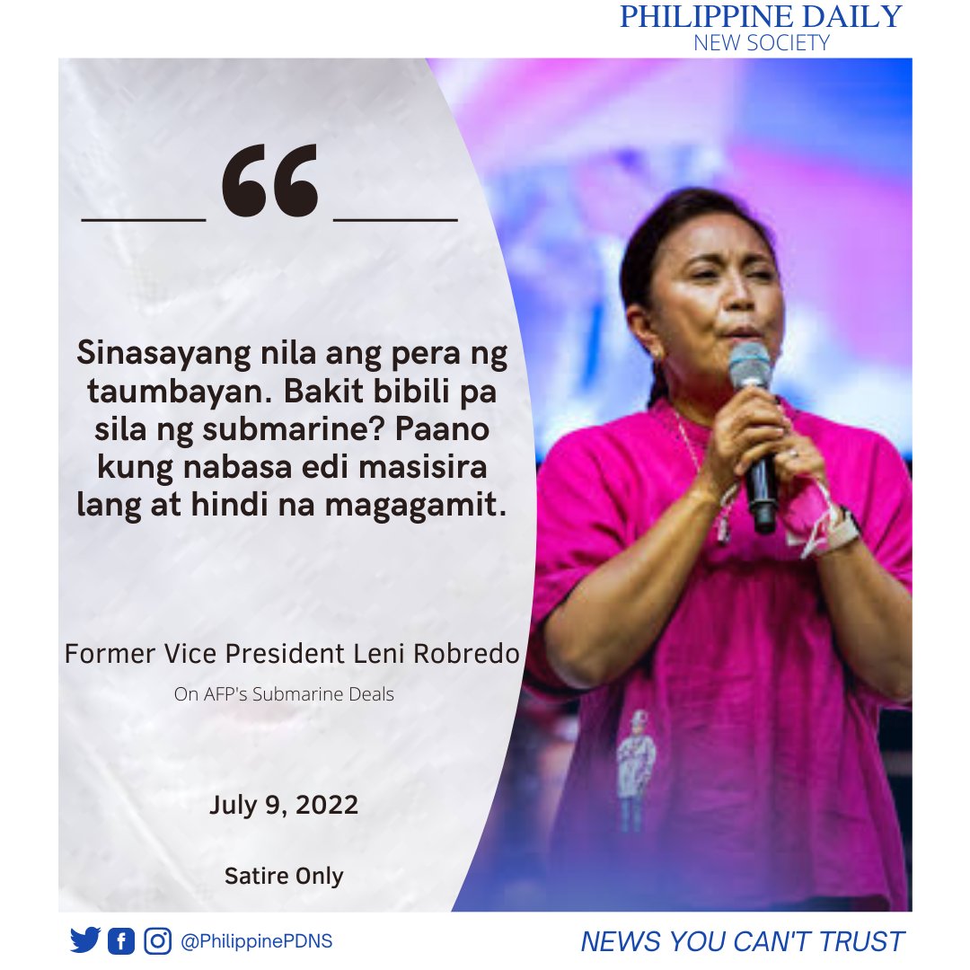 PhilippinePDNS's tweet photo. "PAANO KUNG NABASA ANG MGA SUBMARINES?"

Former Vice President Leni Robredo on AFP Modernization https://t.co/O76zxFZQK8