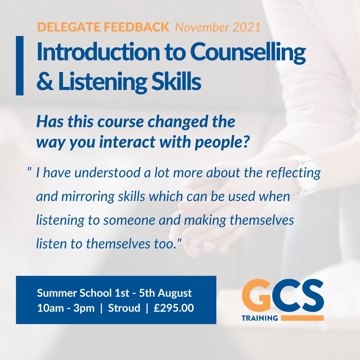 Weekend courses not for you?
Try our Summer school. In one week you'll be able to explore counselling skills and develop your listening skills.  This course can be your first step into counselling, find out more ow.ly/rQcx50JJte1
#listeningskills #stroud #introtocounselling