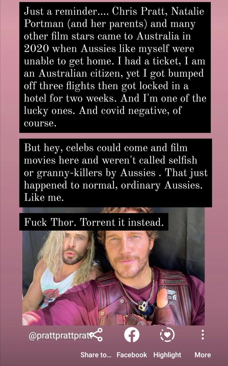 adventure_ali_'s tweet photo. Chris Pratt was spruiking Thor on Instagram. They brought the entire cast, parents, families, etc over to Australia in the height of the covid pandemic, while ordinary Aussies like me were shut out. 

Fuck Thor. https://t.co/KuWA13ilzE