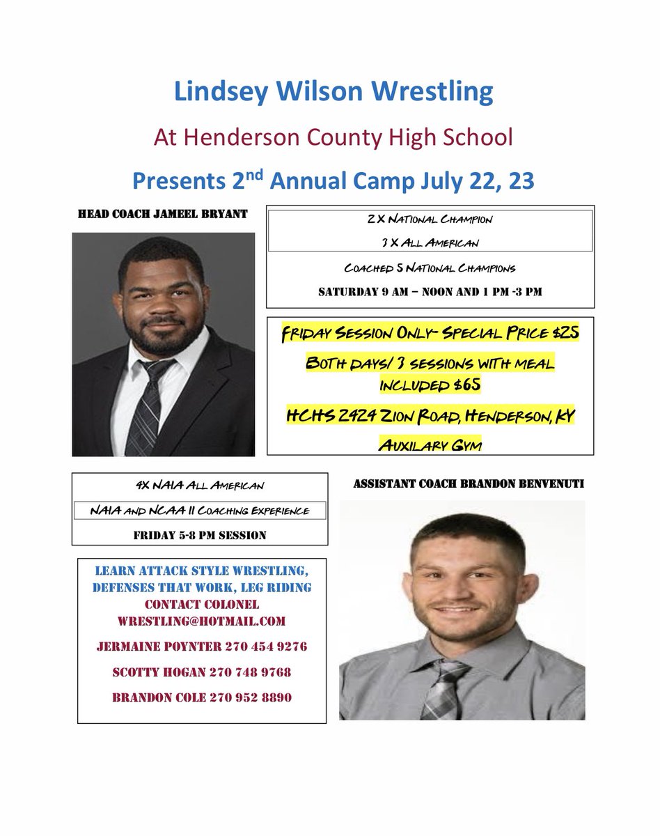 HC_Wrestling1's tweet photo. email Colonelwrestling@gmail.com with your roster of kids that will be attending and we will add them to the list if attendees. All fees will be collected the day of camp. https://t.co/b03T6L8lG4