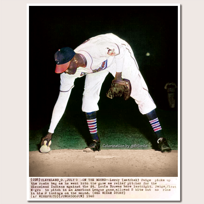 BSmile's tweet photo. Today In 1948: At age 42, baseball legend Satchel Paige makes his long-awaited major league debut, pitching two scoreless innings in relief for the Cleveland Indians vs. the St. Louis Browns! #MLB #Guardians #History https://t.co/SnT64tZCL2
