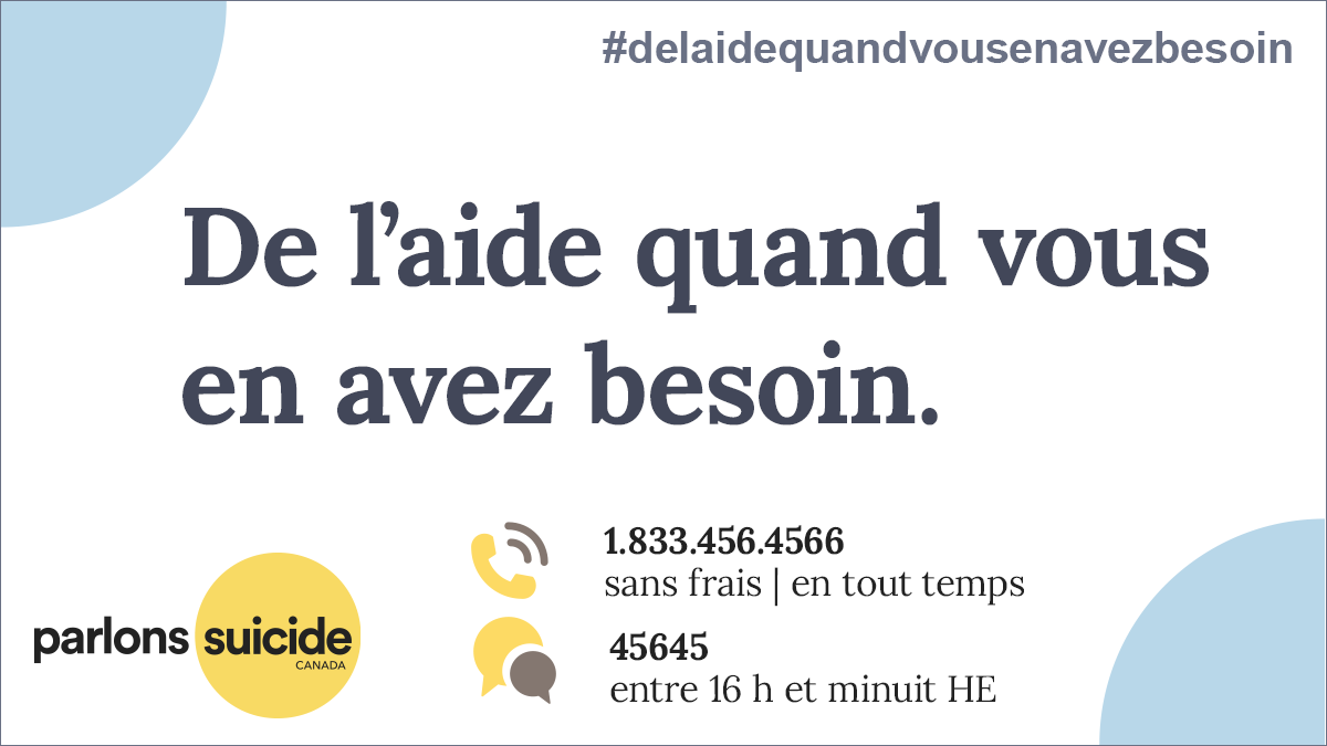L’interruption des réseaux partout au Canada est maintenant résolu et le service est à nouveau disponible.

Composez le 1.833.456.4566 en tout temps ou textez-nous au 45645 entre 16 h et minuit HE pour obtenir de l’aide.
