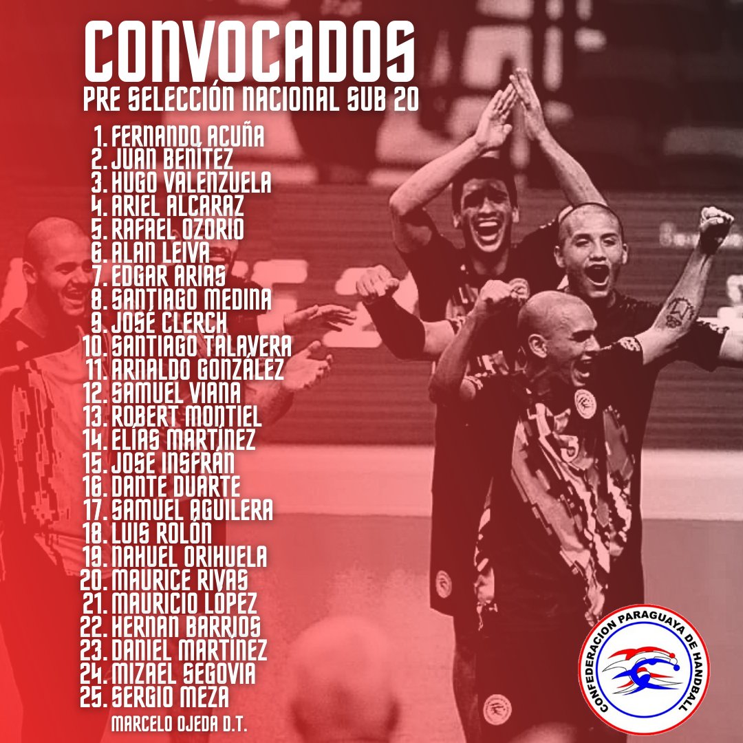 cpyhandball's tweet photo. 📋Pre convocatoria Sub 20!
🔝El entrenador @marce_Ojedaa, dió a conocer la lista de convocados para la Pre Selección Nacional Masculina Sub 20!
👉Fueron citados 25 atletas del plano local e internacional, para los operativos IHF Trophy y Eliminatorias Mundialistas!
#VamosPy🇵🇾 https://t.co/Eb2xX5tw93
