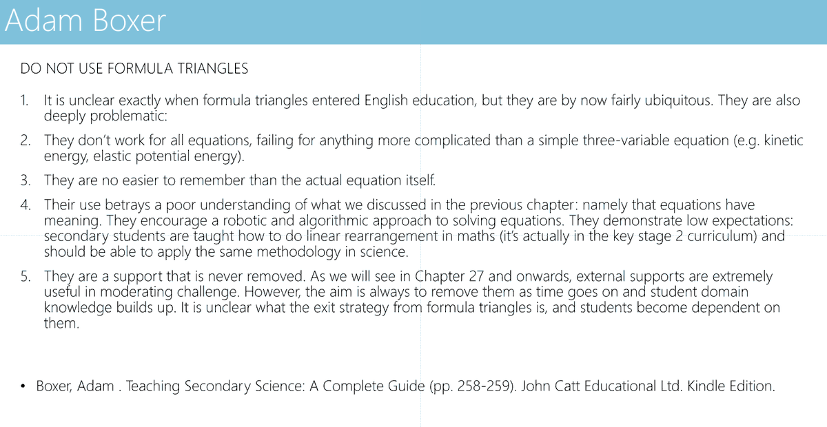 🧵THREAD 🧵

This half term, I've worked with Science and Maths departments on shared approaches; to strengthen the connection of topics, across subjects, for pupils.

Aim 1: to get rid of formulae triangles. We read a small snippet from <a href="/adamboxer1/">Adam Boxer</a>'s brilliant book: