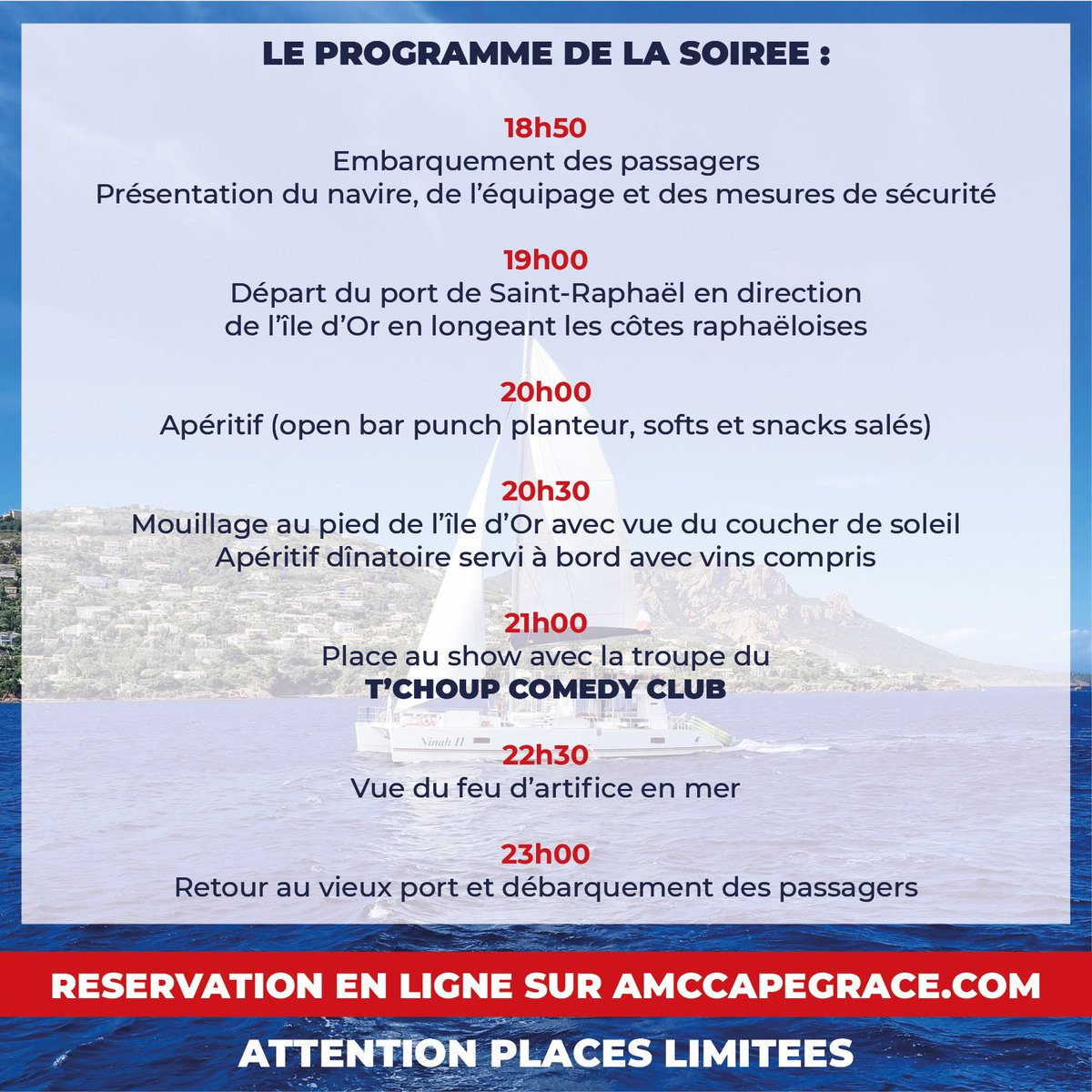 🌴Événement : départ du premier comedy club en pleine mer le 15 juillet prochain depuis le port de <a href="/VilleStRaphael/">Ville de Saint-Raphaël</a> avec le <a href="/Tchoupcomedy/">T’choup Comedy Club</a> !
Dernières places ici : amccapegrace.com/soiree-tchoup-…