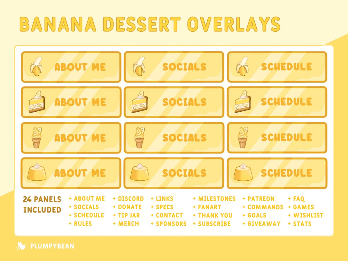 PlumpyBean's tweet image. TWITCH STREAM OVERLAY PRE-MADE PACK - Banana Dessert 🍌

Available on my Etsy!

etsy.com/shop/PlumpyBean