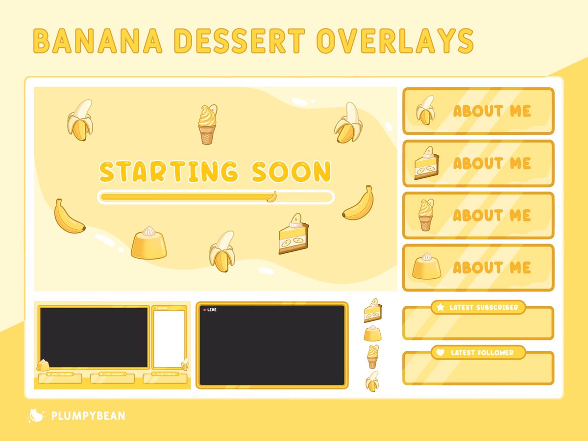 PlumpyBean's tweet image. TWITCH STREAM OVERLAY PRE-MADE PACK - Banana Dessert 🍌

Available on my Etsy!

etsy.com/shop/PlumpyBean