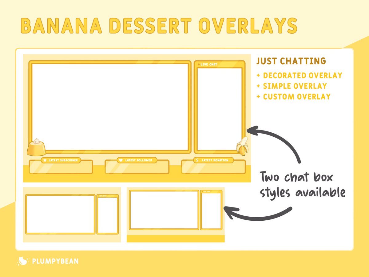 PlumpyBean's tweet image. TWITCH STREAM OVERLAY PRE-MADE PACK - Banana Dessert 🍌

Available on my Etsy!

etsy.com/shop/PlumpyBean