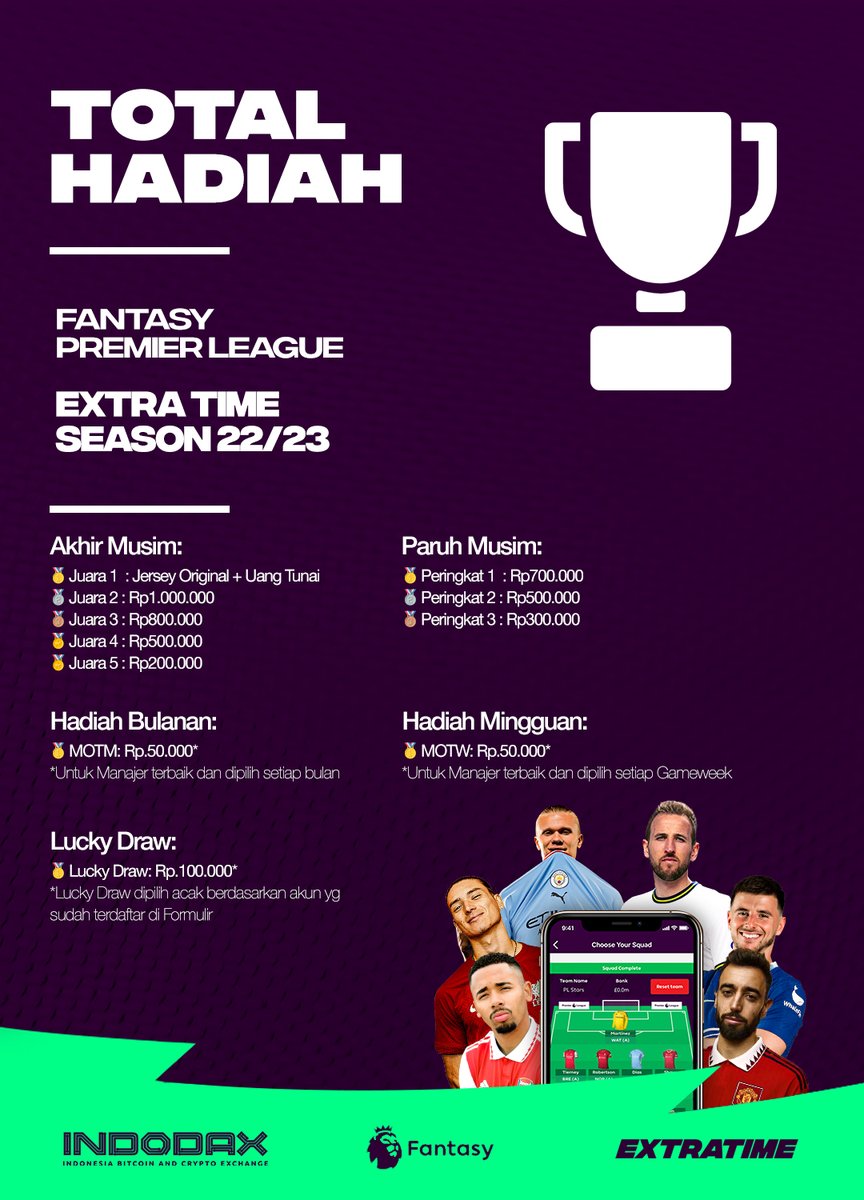 <a href="/indodax/">indodax</a> ⚡️ HADIAH:

Akhir Musim:
🥇 Jersey Original + Uang Tunai
🥈 Rp1 Juta
🥉 Rp800rb
🏅 Rp500rb
🏅 Rp200rb

Paruh Musim:
Peringkat 1: Rp700rb
Peringkat 2: Rp500rb
Peringkat 3: Rp300rb

🎫 Manager of the week: Rp50rb
🎟 Manager of the month: Rp50rb
🪄 Lucky Draw: Rp100rb