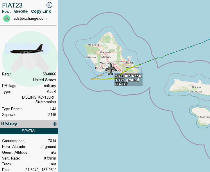 SirListenalot's tweet photo. #KC135 #AE0590 as #FIAT23 arrived at Honolulu ~0600z and seems to be going out later as #FIST22, likely for AR with #RAVE11 flight. https://t.co/QSG94wwyix