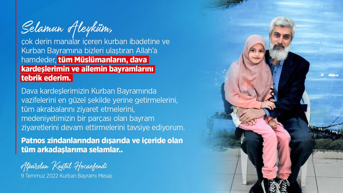 alparslankuytul's tweet photo. Selamun Aleyküm, çok derin manalar içeren kurban ibadetine ve Kurban Bayramına bizleri ulaştıran Allah’a hamdeder, Müslümanların, dava kardeşlerimin ve ailemin bayramlarını tebrik ederim. 

Patnos zindanlarından dışarıda ve içeride olan tüm arkadaşlarıma selamlar.

#KurbanBayramı https://t.co/cQz6WmZJx6