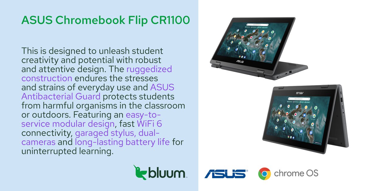 dan_racicot's tweet photo. The @ASUS #Chromebook Flip #CR1100 has a ruggedized construction that endures the stresses and strains of everyday use and the ASUS Antibacterial Guard protects students from harmful organisms in the classroom or outdoors. https://t.co/UoUzqrBpUo

#ASUSChromebooks #StudentLaptop https://t.co/tfjBJlzV4C