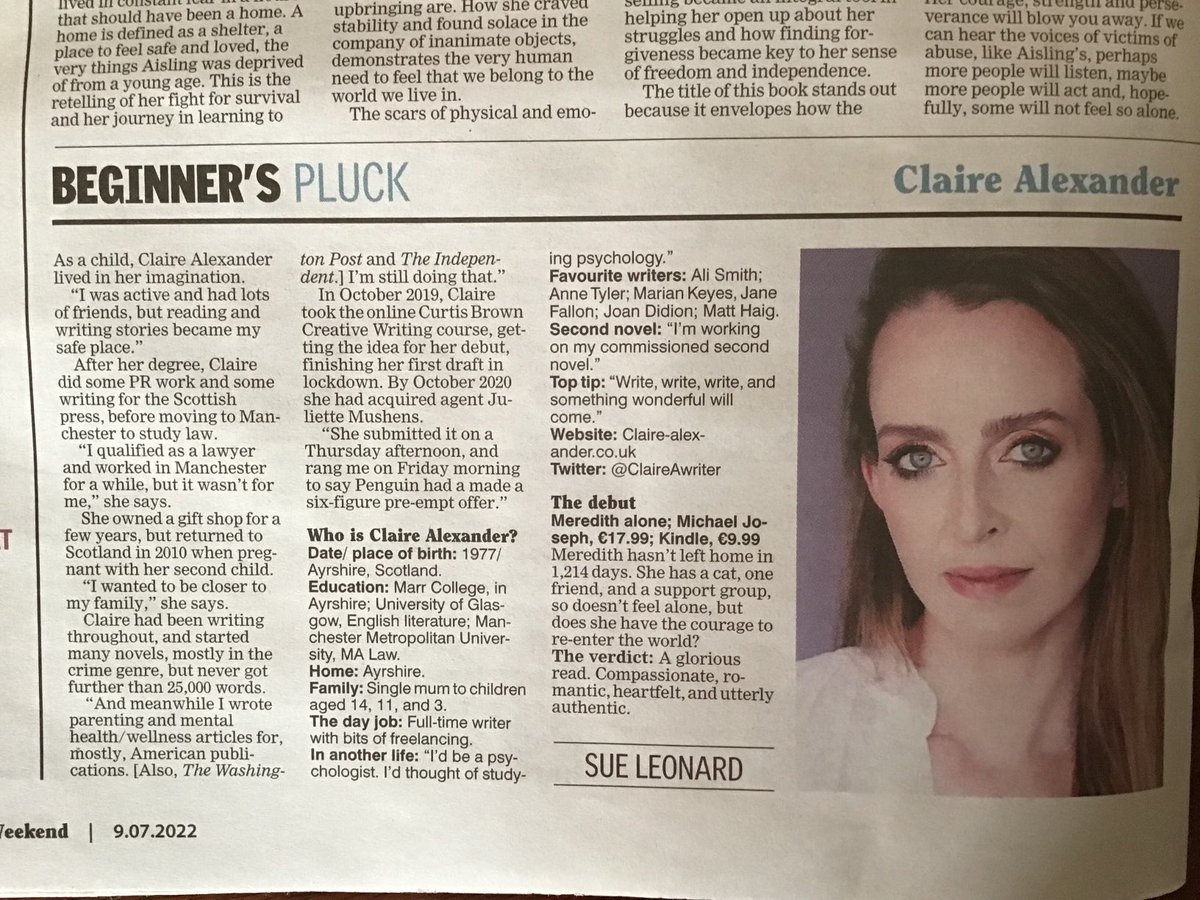 Suejleonard's tweet photo. I recommend everyone to read #meredithalone by the wonderful @claireawriter, this week’s #beginnerspluck. @irishexaminer. It’s compassionate, romantic, heartfelt and utterly authentic. I ADORED it. https://t.co/nZWJjFZeXK
