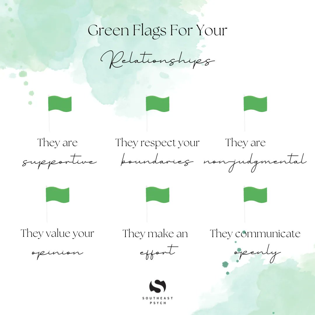 SoutheastPsych's tweet photo. A green flag in a relationship is a good sign that indicates compatibility and mutual respect. When looking for positive friendships or relationships in your life, look for qualities like these in a person.
.
#greenflags #positiverelationships #relationships #healthyrelationships https://t.co/HqKKUAOmLt