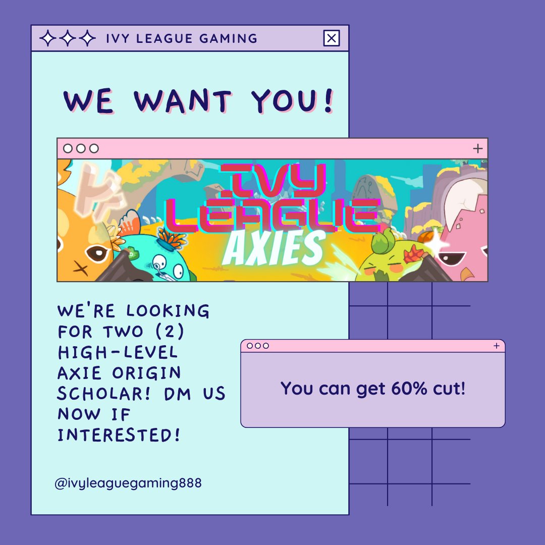 IVLGaming888's tweet photo. Our 40 axies are looking for 2 masters. If it's YOU they're looking for, come meet them and break the leaderboards! 🧠

#AxieOrigin #AxieScholarship #Web3 #NFTs #NFTCommumity #Metaverse https://t.co/QDB6QMJjh9