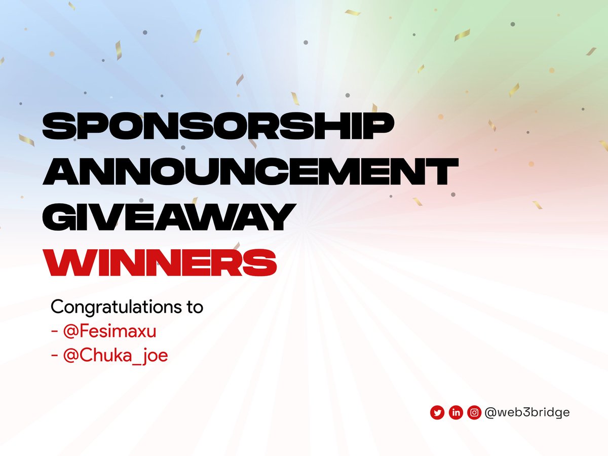 Web3Bridge's tweet photo. Congratulations to the winners of our predict the sponsor of the COHORTVII challenge. @Fesimaxu @Chuka_joe please send a DM to claim your rewards. 

#Polygonweb3bridge https://t.co/NNkgAtYGXh