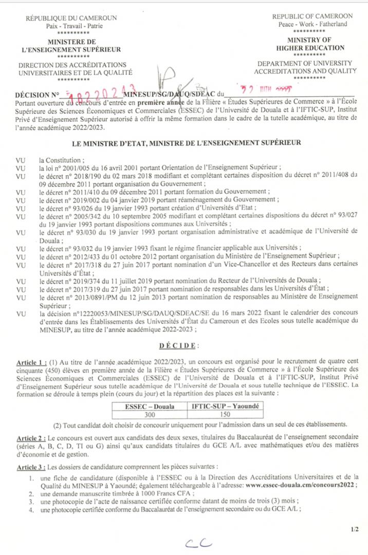 CRTV_web's tweet photo. #Minesup
#Cameroun
Ouverture du concours d'entrée en 1ère année de la filière "Études supérieures de Commerce" à l'#ESSEC et à l'#IFTIC-SUP pour le compte de l'année académique 2022 - 2023. Nombre de places disponibles 450, reparties entre les deux institutions. https://t.co/NSkMFa8F14