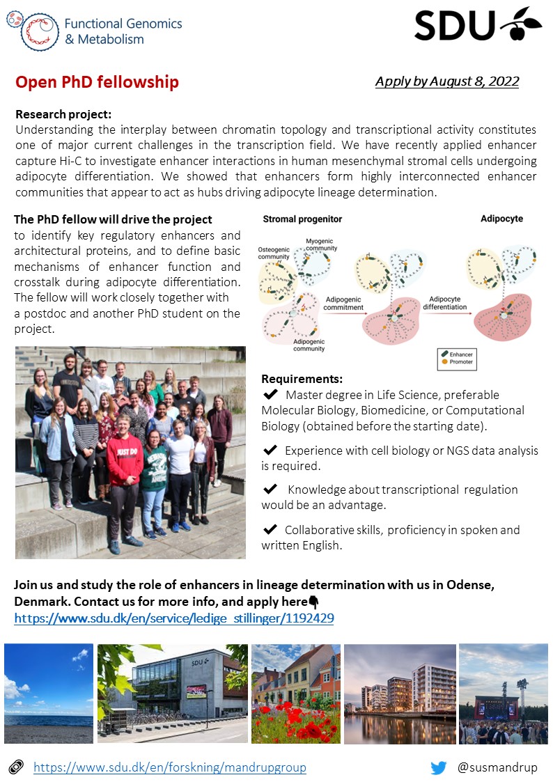 Susanne Mandrup (@susmandrup) on Twitter photo Want to be PhD student in a highly international and collaborative environment? And excited about functional genomics and enhancer networks? Visit our homepage (sdu.dk/mandrupgroup) & apply at lnkd.in/e4WHQ7dP PRT
<a href="/enhpathy_H2020/">ENHPATHY</a> <a href="/BroadGenomics/">Broad Clinical Labs</a> <a href="/bmbSDU/">Department of Biochemistry and Molecular Biology</a>
<a href="/sciencejobdk/">ScienceJob</a> Want to be PhD student in a highly international and collaborative environment? And excited about functional genomics and enhancer networks? Visit our homepage (sdu.dk/mandrupgroup) & apply at lnkd.in/e4WHQ7dP PRT
<a href="/enhpathy_H2020/">ENHPATHY</a> <a href="/BroadGenomics/">Broad Clinical Labs</a> <a href="/bmbSDU/">Department of Biochemistry and Molecular Biology</a>
<a href="/sciencejobdk/">ScienceJob</a>