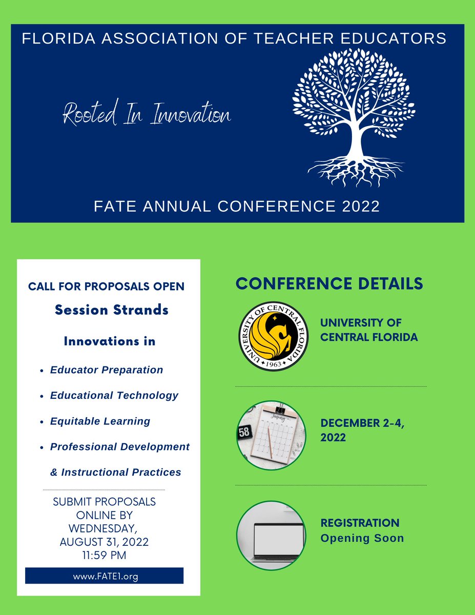 FATE1org's tweet photo. Share your innovations in #EducatorPrep, #EquitableLearning, #EdTech, and #ProfessionalDevelopment with other #TeacherEducators at #FATE22. Call for Proposal is currently open through Aug. 31 at 11:59 pm. Submit online at https://t.co/18U6ZQOUh7 https://t.co/upxcNMKTGV