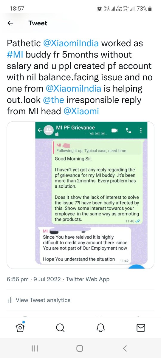 s_grout's tweet photo. @XiaomiIndia Pathetic @XiaomiIndia @Xiaomi.Guys 
Look at the way how @Xiaomi  respond to their employee. Beware of fake #mibuddy programs. https://t.co/5kanHEmiVE