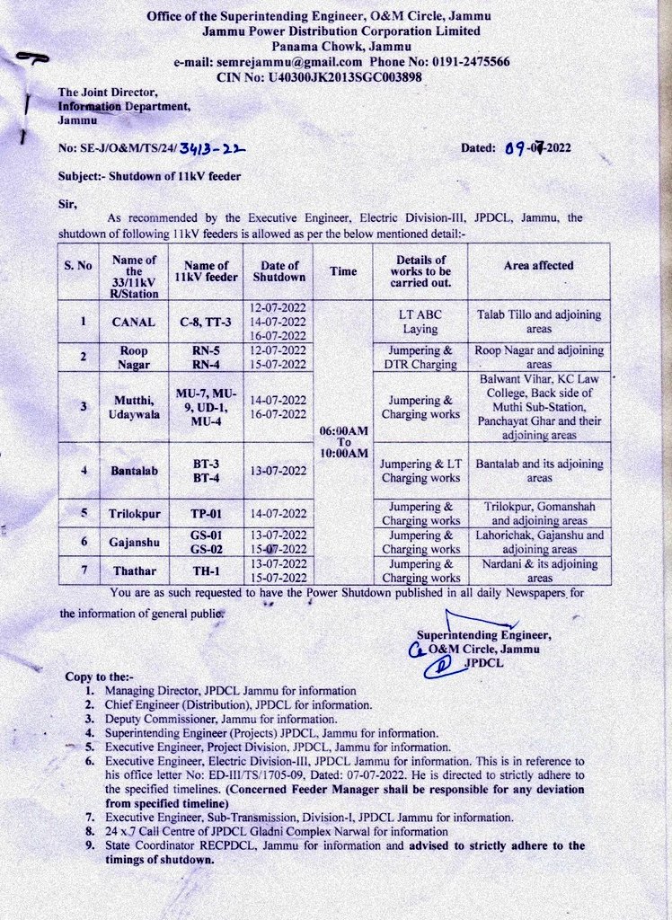 #POWER #SHUTDOWN
<a href="/pddjkofficial/">Power Development Department, J&K</a>
<a href="/diprjk/">Information & PR, J&K</a> 
@ChairmanJPDCL 
<a href="/JPDCLofficial/">Jammu Power DISCOM</a> 
<a href="/ChiefJammu/">Chief Engineer Distribution, JPDCL Jammu</a> 
<a href="/ED3JPDCL/">Electric Division-III, JPDCL</a> 
<a href="/ITJPDCL/">IT&C Division, JPDCL; J&K PDD, Jammu</a>