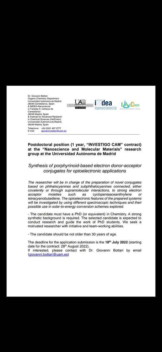 TTorresGroup's tweet photo. IMPORTANT! 📢
New PostDoc position available in our group. 1 year contract to work in Pc and SubPc systems.
For more information contact prof. Giovanni Bottari (giovanni.bottari@uam.es)
RT please!
@IAdChem @UOrganicchem https://t.co/0SeS6Nvhel