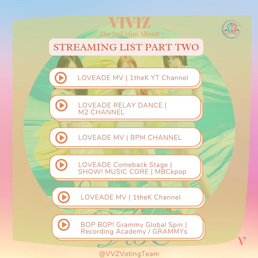 VVZVotingTeam's tweet photo. [#StreamLOVEADE]

[STREAMING LIST PART 2]

Join Discord: https://t.co/Jzbk7TVmrh

@VIVIZ_official #VIVIZ #비비지 https://t.co/mFuEIB2keT