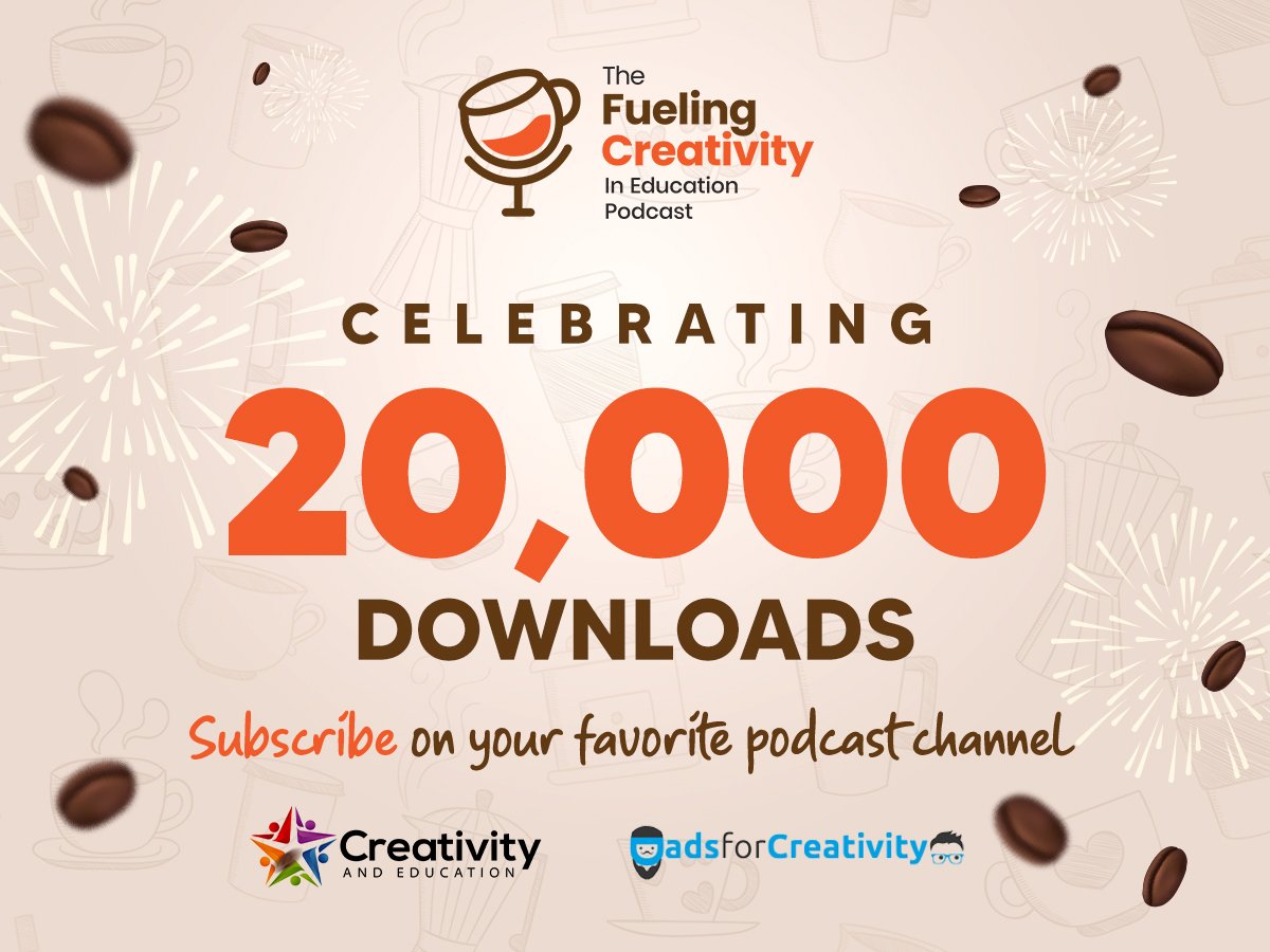 Cyndiburnett's tweet photo. Celebrating 20,000 downloads of our Fueling Creativity in Education podcast with @Worwood! Interested in bringing creative thinking into your classroom? #teachertwitter #edutwitter https://t.co/enWfTslxxp https://t.co/arhu6L0TPE