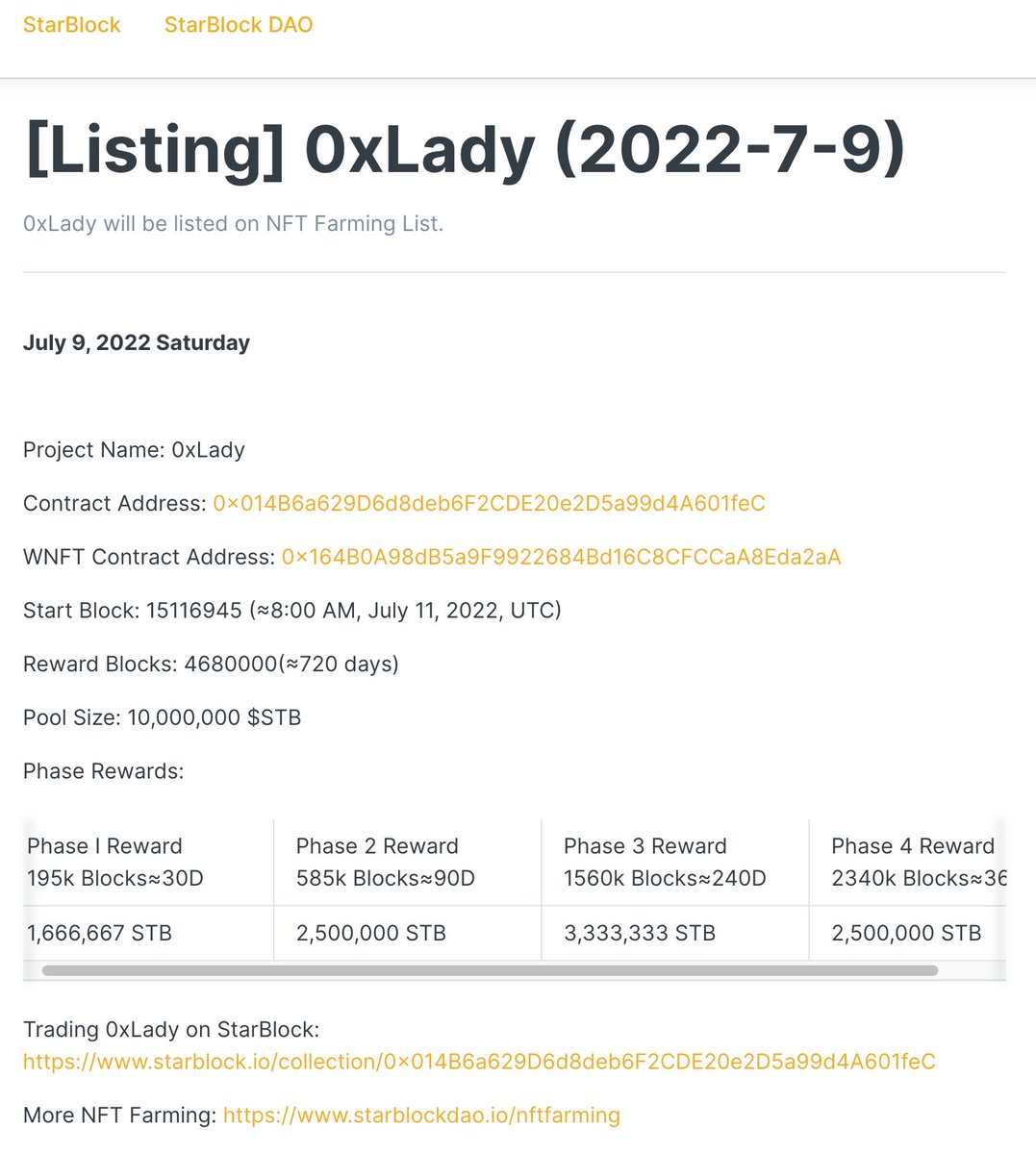 StarBlockNFT's tweet photo. We are excited to announce that we will list @0xLady_NFT #0xLady to NFT Farming List on #StarBlock DAO.
Pool: 10,000,000 $STB for 2 years.
Time: block height 15116945(≈8:00 AM, July 11, Monday, UTC).
#NFTFarmingList #NFTFarming #NFTStaking #NFT
More: https://t.co/ft37l0XUvZ https://t.co/mEuWsIGrY9