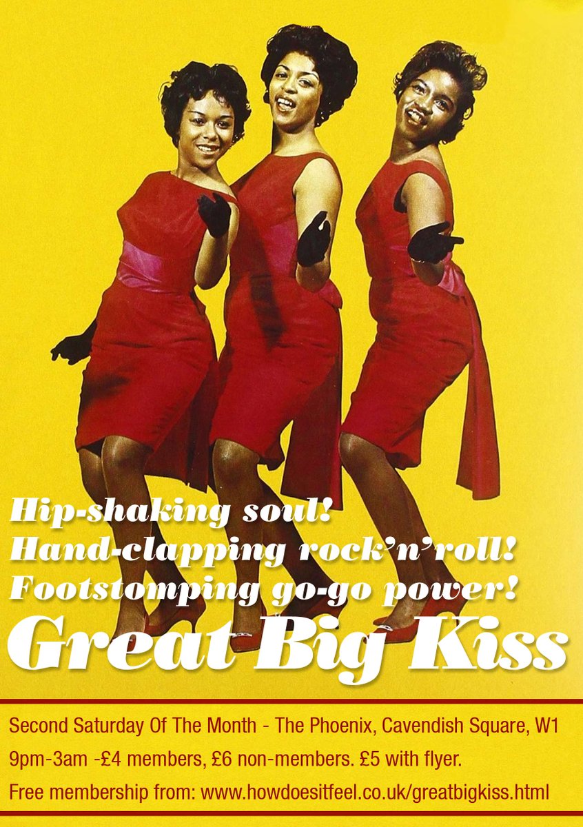 Great Big Kiss (@gbkclub) on Twitter photo Tonight! Great Big Kiss at <a href="/ThePhoenix_W1/">The Phoenix</a>, 9pm-3am. Dance to northern soul, Motown and 60s girl groups. We have a gorgeous wooden dancefloor, superb sound system, drinks at pub prices, night tube home from nearby Oxford Circus, and sweet sweet air con!
howdoesitfeel.co.uk/greatbigkiss.h… Tonight! Great Big Kiss at <a href="/ThePhoenix_W1/">The Phoenix</a>, 9pm-3am. Dance to northern soul, Motown and 60s girl groups. We have a gorgeous wooden dancefloor, superb sound system, drinks at pub prices, night tube home from nearby Oxford Circus, and sweet sweet air con!
howdoesitfeel.co.uk/greatbigkiss.h…