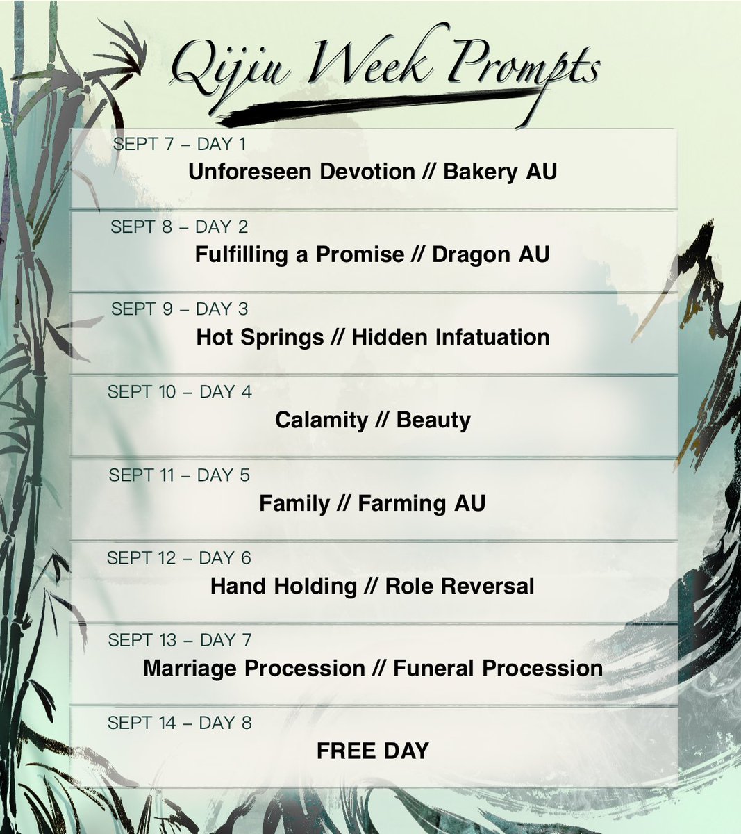 QijiuWeek's tweet photo. Happy Qijiu Day everyone! Our gift to you is this year's list of prompts for #QijiuWeek2022!

Join us from Sept 7th to 14th as we celebrate the romantic bond between Shen Qingqiu (Shen Jiu) and Yue Qingyuan.

For each day you can use ONE, BOTH, or NEITHER prompt as inspiration! https://t.co/xnwT4yvtj7
