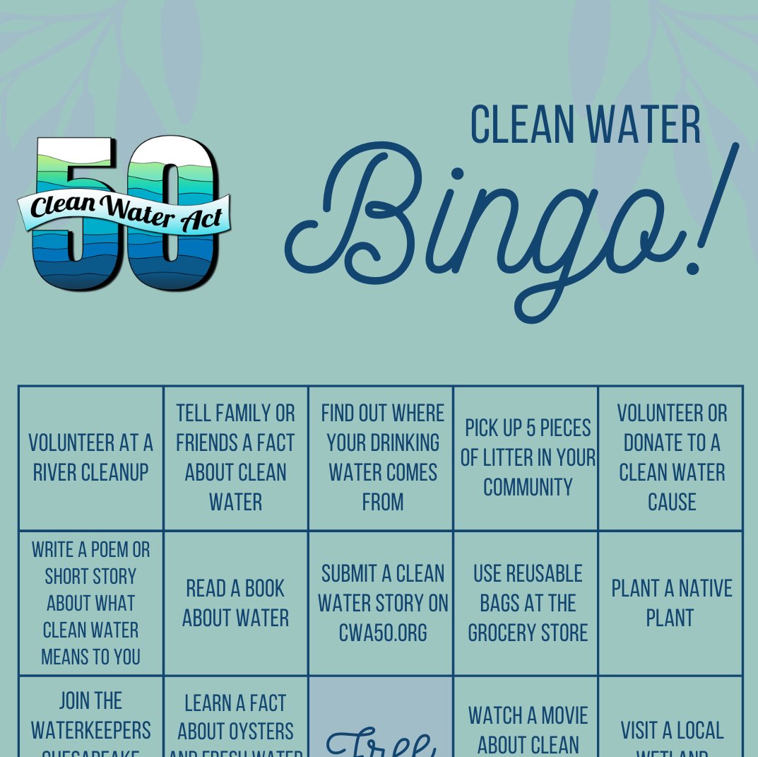 WaterkeepersCP's tweet photo. Summer is great time to enjoy local waterways, test your knowledge about #cleanwater &amp; play Clean Water Bingo! Once you have Bingo, take a photo of card and share on social media, tag us and #CWA50 and you'll receive CWA50 prizes! Download Bingo Card here: https://t.co/yHPCCouRPt https://t.co/S5bzbEoPrm