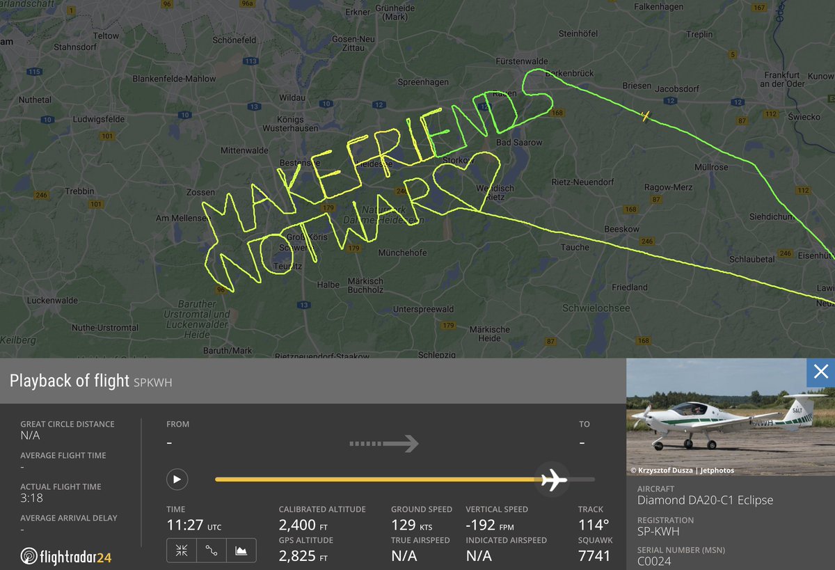 flightradar24's tweet photo. A Polish plea for peace over eastern Germany this afternoon. 

See playback at https://t.co/umue4L9iJs https://t.co/3M19xsxVsX