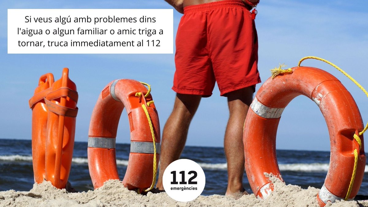 112's tweet photo. 📞 Si veus algú amb problemes dins l'aigua o algun familiar o amic triga a tornar, truca immediatament al @112 

🏵 Si és possible, tira-li un flotador però no et llancis a rescatar ningú si no ets una persona experta en rescat aquàtic

#platjasegura https://t.co/degrW9hciW