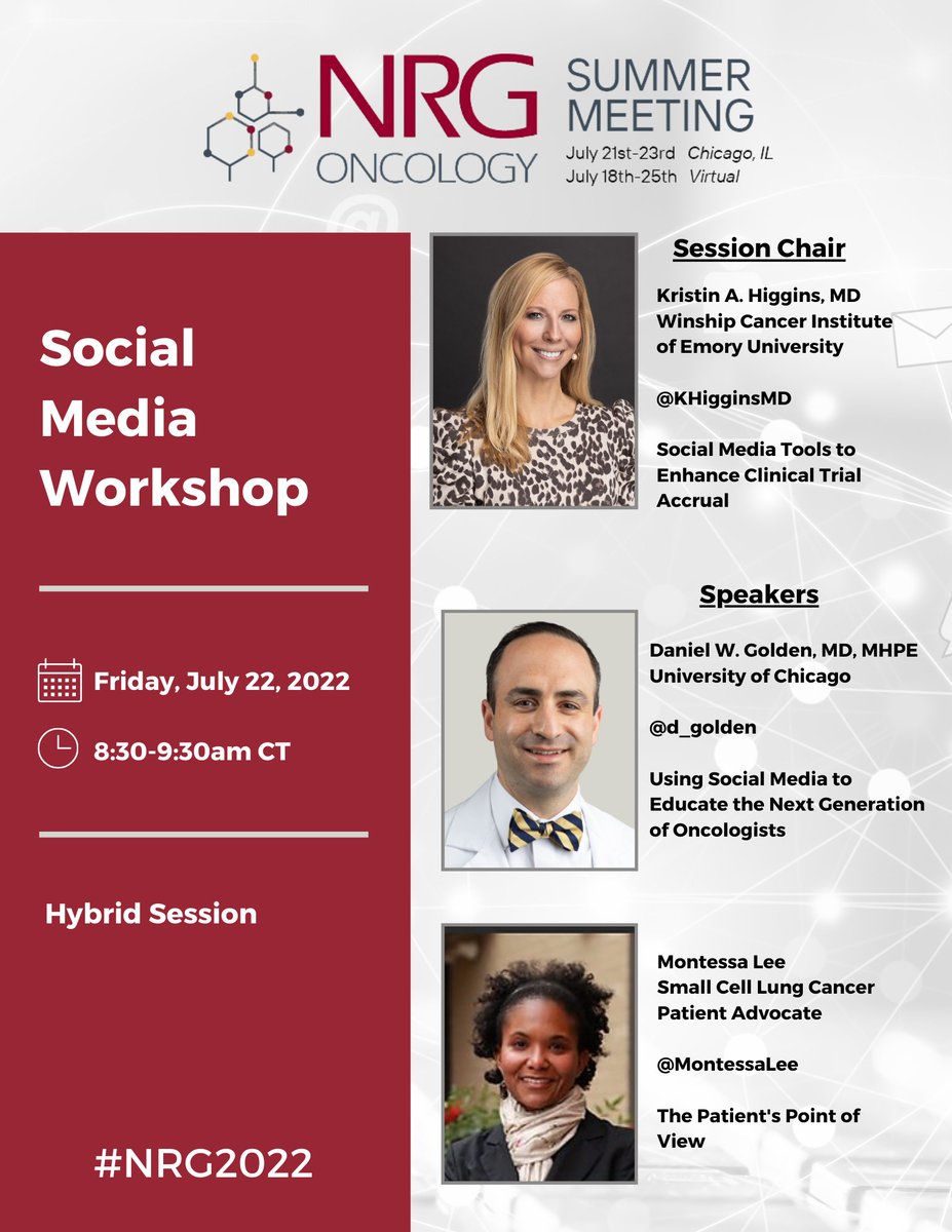 NRGonc's tweet photo. Attending #NRG2022 in-person or virtually?  Good news - our Social Media Workshop is going to be a hybrid session - and we will be recording it for future viewing. It is being held on Friday, July 22nd at 8:30am CDT. Hope to see you there! @KHigginsMD @MontessaLee @d_golden https://t.co/dI1tKdHtTr