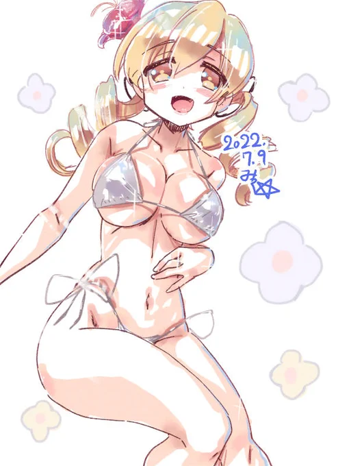 お題「水着」との事で、かなり前のフィギュアのデザインの水着な巴さん^^ 
#まどマギ版真剣深夜の創作60分一本勝負 