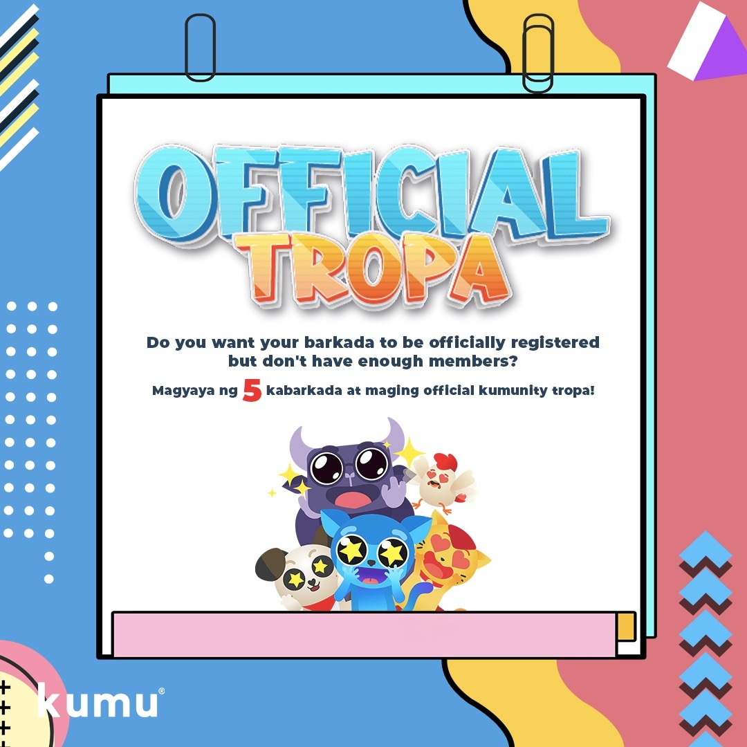 kumunityteams's tweet photo. Hello Kumuzens 👋🏼

Gusto niyo din bang magpa official ngunit kulang kayo sa number of members? 

Hindi problema yan! Magyaya ng 5 kabarkada at maging OFFICIAL KUMUNITY TROPA 😍

Kung ikaw at ang iyong barkada ay interested, you may fill out this form: https://t.co/dj6hh3wSfD https://t.co/fx2WnVblEb
